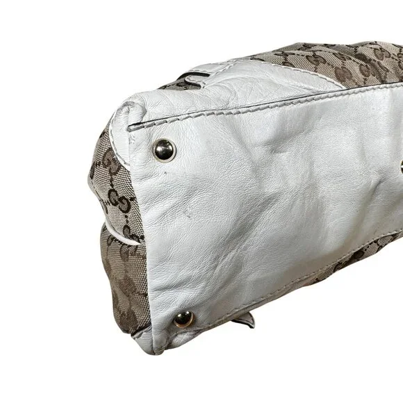 Gucci Beige/White GG Canvas and Leather Medium Horsebit Nail Dome Satchel - Picture 9 of 11